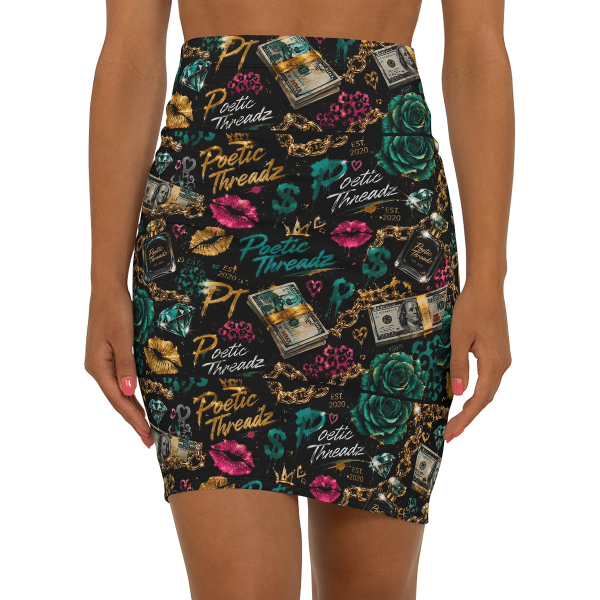 Poetic Threadz Luxe Graphic Pencil Skirt — Bold Money & Perfume Print