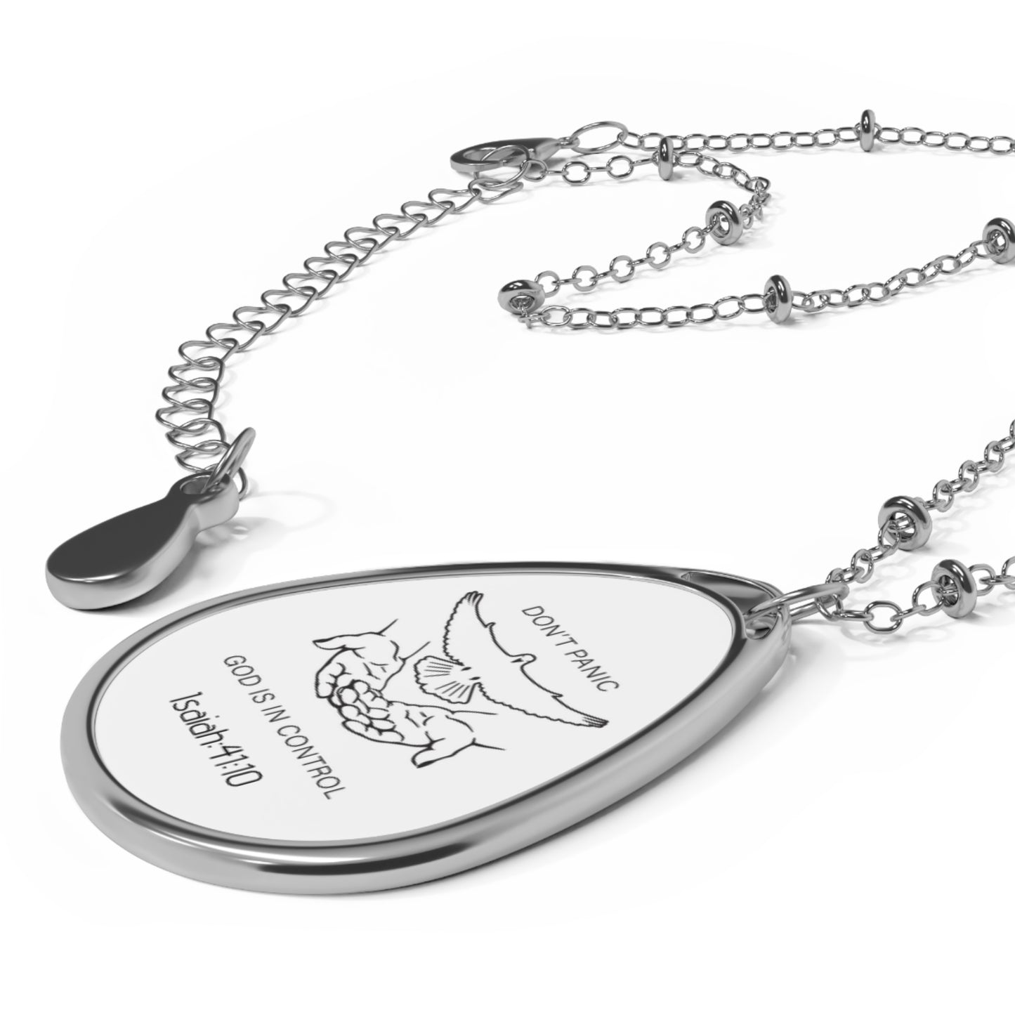 Oval Necklace - 'Don't Panic, God Is In Control' Inspirational Teardrop Pendant (Isaiah 41:10)