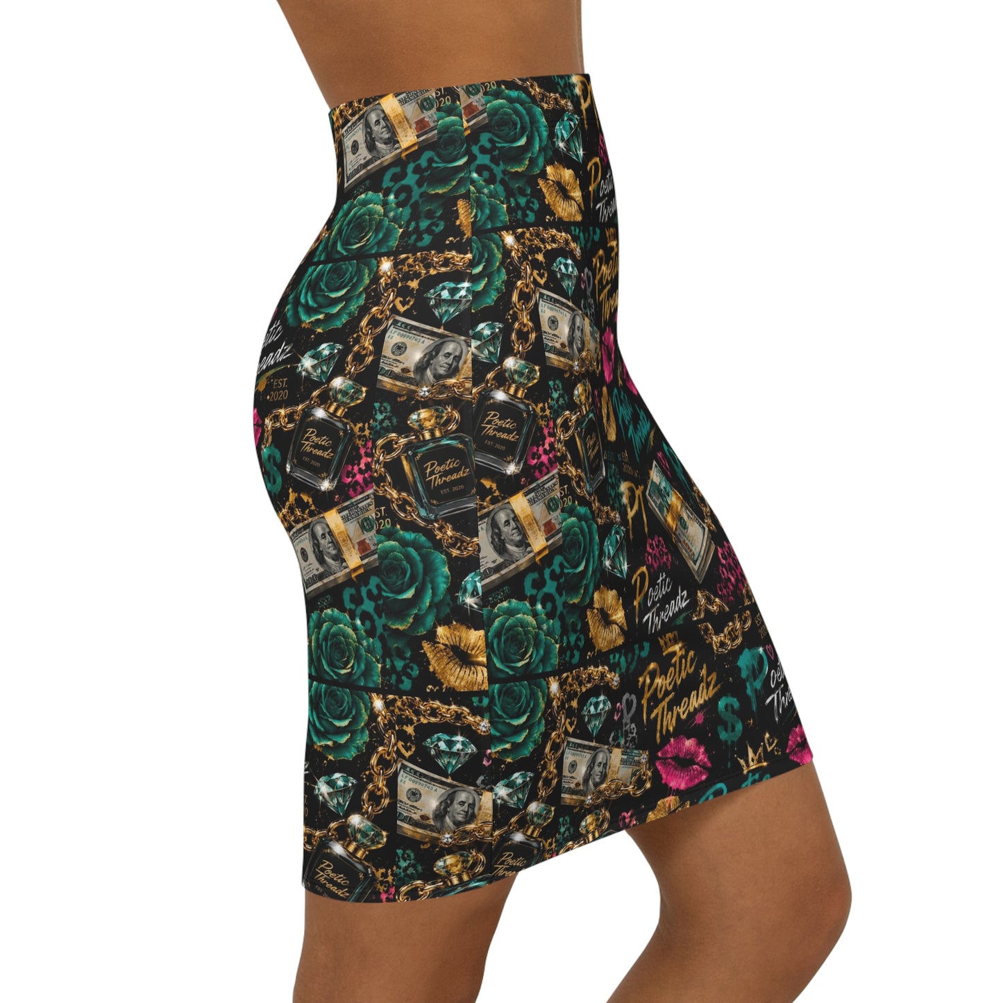 Poetic Threadz Luxe Graphic Pencil Skirt — Bold Money & Perfume Print