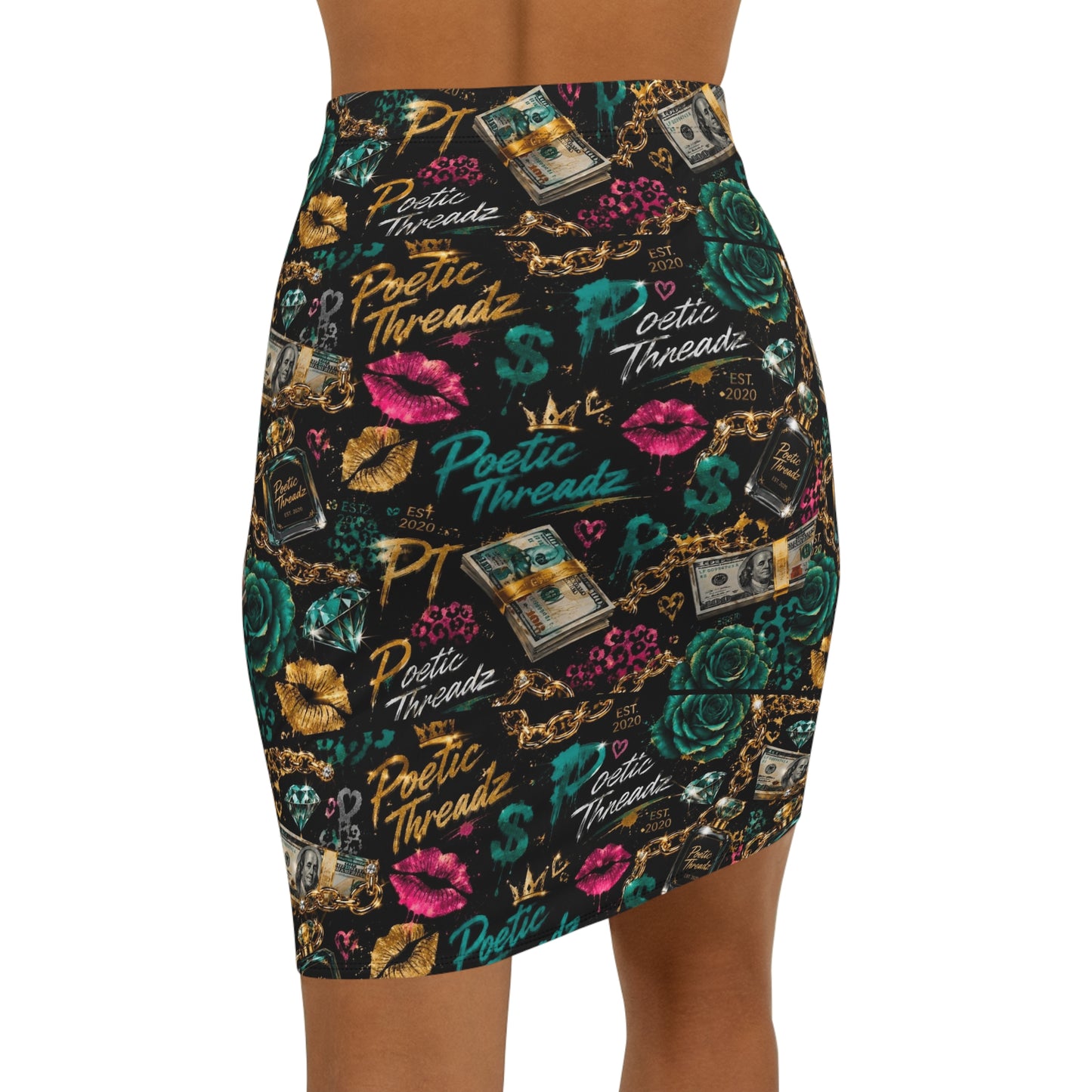 Poetic Threadz Luxe Graphic Pencil Skirt — Bold Money & Perfume Print