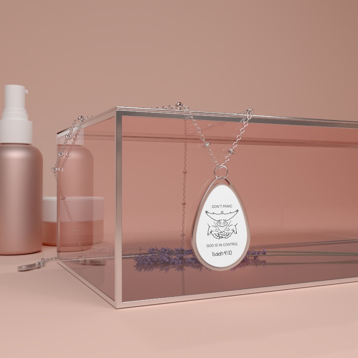 Oval Necklace - 'Don't Panic, God Is In Control' Inspirational Teardrop Pendant (Isaiah 41:10)