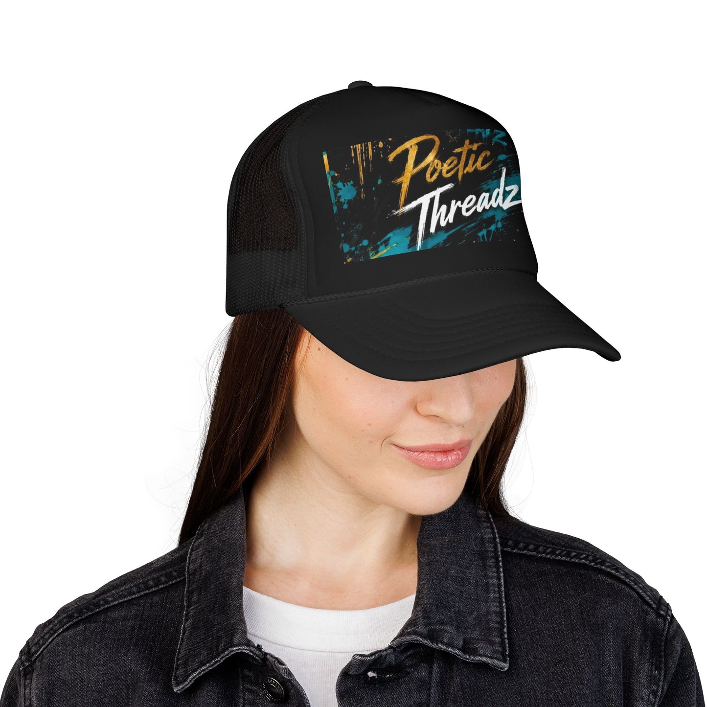 Poetic Threadz Trucker Hat – Retro Brushstroke Logo Foam Cap