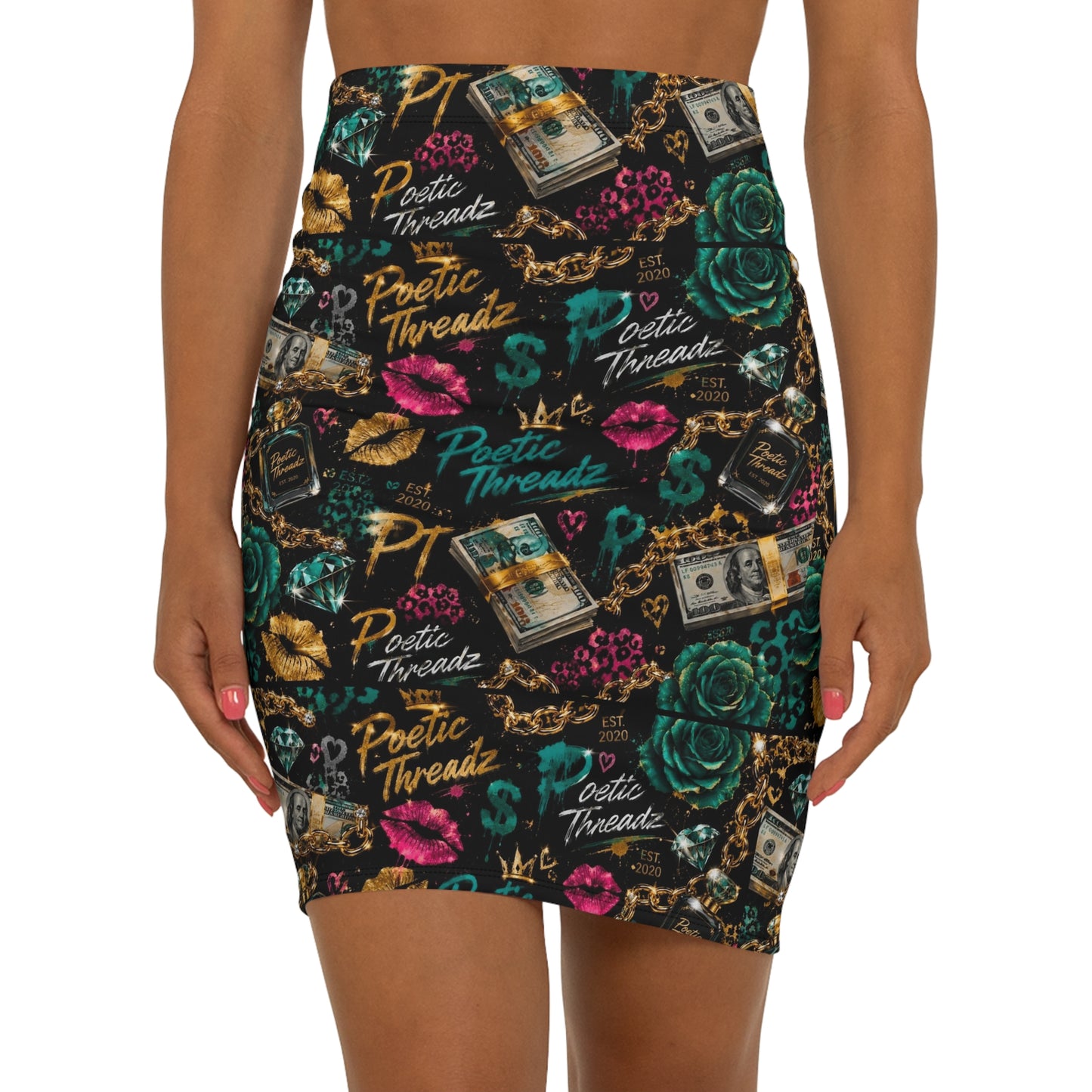 Poetic Threadz Luxe Graphic Pencil Skirt — Bold Money & Perfume Print