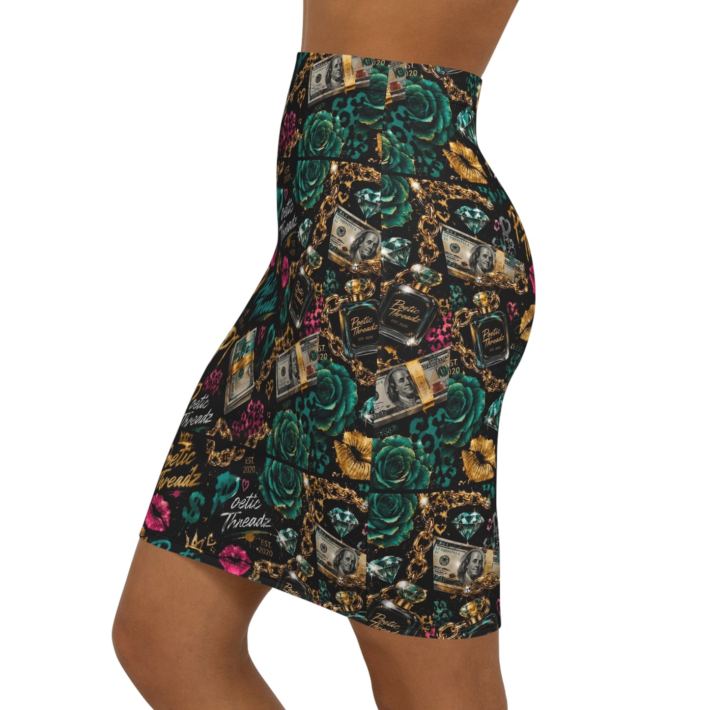 Poetic Threadz Luxe Graphic Pencil Skirt — Bold Money & Perfume Print