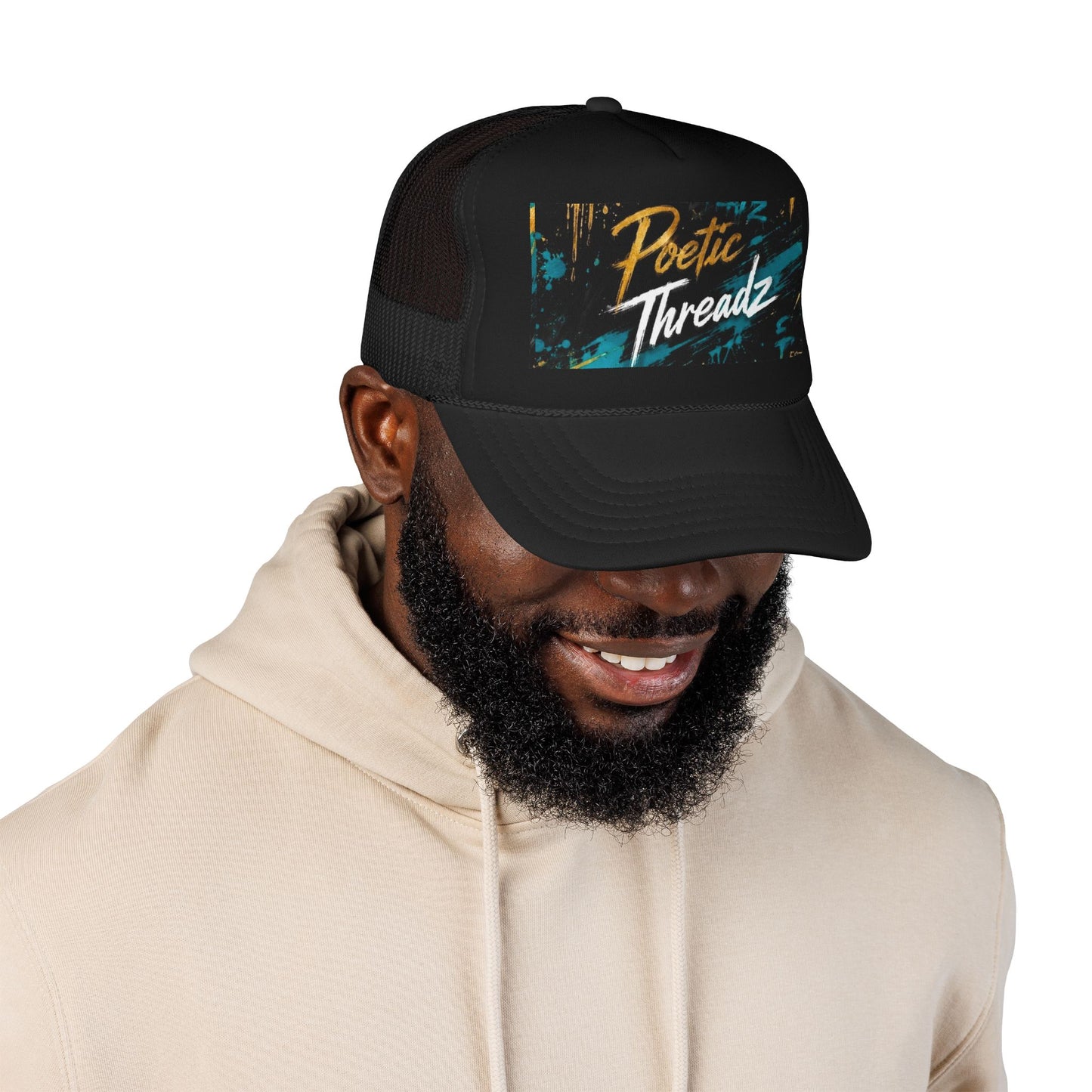 Poetic Threadz Trucker Hat – Retro Brushstroke Logo Foam Cap